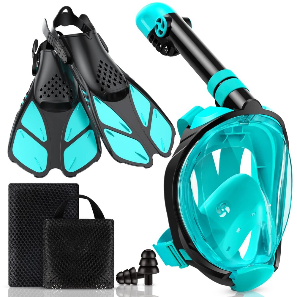 Viginsul Mask Fins Snorkeling Gear for Adults, Full Face Snorkel Mask & Adjustable Swim Fins Snorkel Set, Panoramic View Snorkel Mask Dry Top Anti-Fog Anti-Leak