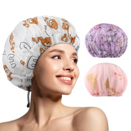 WINSTECK 3 PCS Shower Caps for Women, Upgrade Comfortable & Extra Large & Double Layers Waterproof Bath Cap, Oversized Designed Adjustable Hem Hair Cap for All Hair Lengths/Style