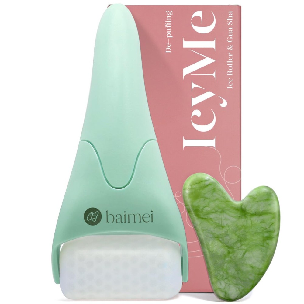 BAIMEI IcyMe Cryotherapy Ice Roller and Gua Sha Facial Tools Reduces Puffiness, Skin Care Tools for Face Massager Self Care Gift for Men Women - Green