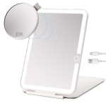 LUKYMIRO Rechargeable Travel Makeup Mirror with Lights, Portable Lighted Regular Mirror with Small 10X Magnification, 70 LEDs 3 Color Dimmable, Tabletop Folding Compact Cosmetic Mirror