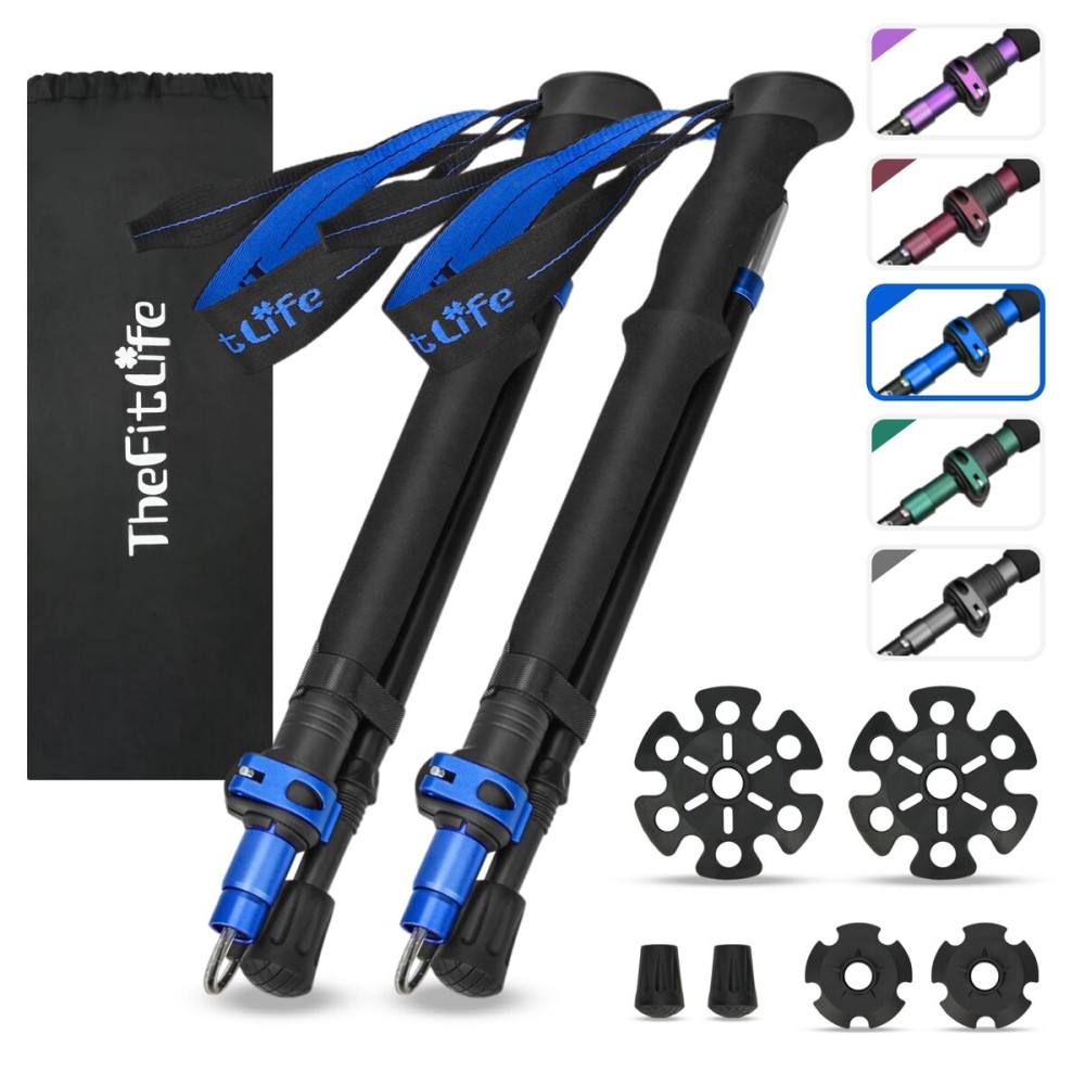TheFitLife Collapsible Trekking Poles for Hiking - Lightweight Folding Walking Sticks for Men and Women with Extra-Long Foam Handle and Metal Flip Lock (Blue, 100-120cm for 4\'11\'\'-5\'7\'\' Height)