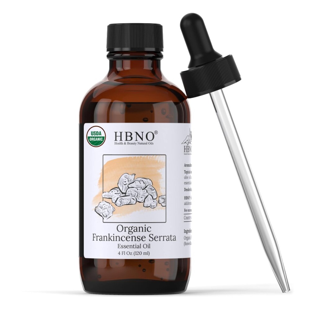 HBNO California Bottled Organic Frankincense Essential Oil 4 fl oz (120ml) - USDA Certified Oil - Organic Frankincense Essential Oil for Skin and Aromtherapy