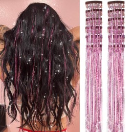 Pink Hair Tinsel Pack of 12 Pcs Clip in Hair Tinsel 20 Inch Glitter Tinsel Hair Extensions, Festival Tinsel Fairy Hair Extension Party Dazzle Hair Accessories Strands Kit(12Pcs,Pink)