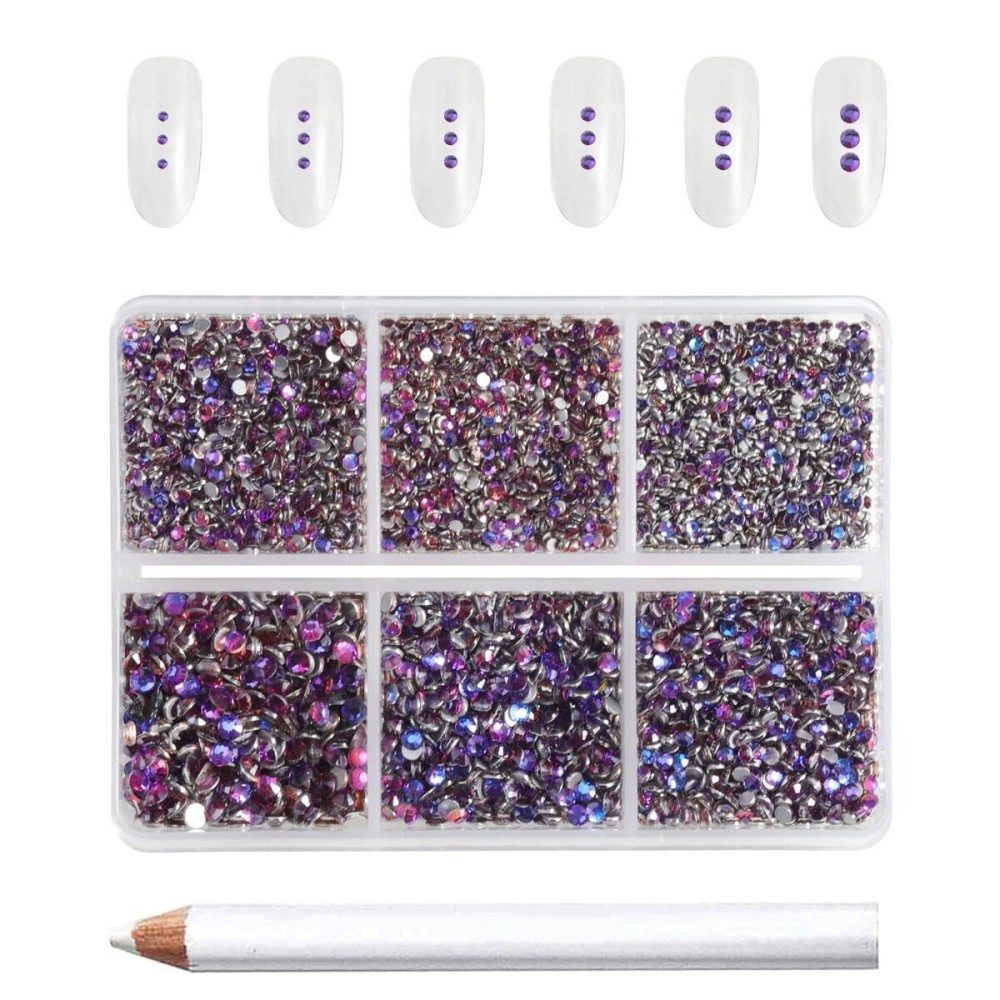 Beadsland 7200pcs Flatback Rhinestones,Purple Rhinestone Nail Gems Round Crystal Rhinestones for Crafts,Mixed 6 Sizes with Wax Pencil Kit, SS3-SS10, Purple Velvet