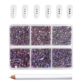 Beadsland 7200pcs Flatback Rhinestones,Purple Rhinestone Nail Gems Round Crystal Rhinestones for Crafts,Mixed 6 Sizes with Wax Pencil Kit, SS3-SS10, Purple Velvet