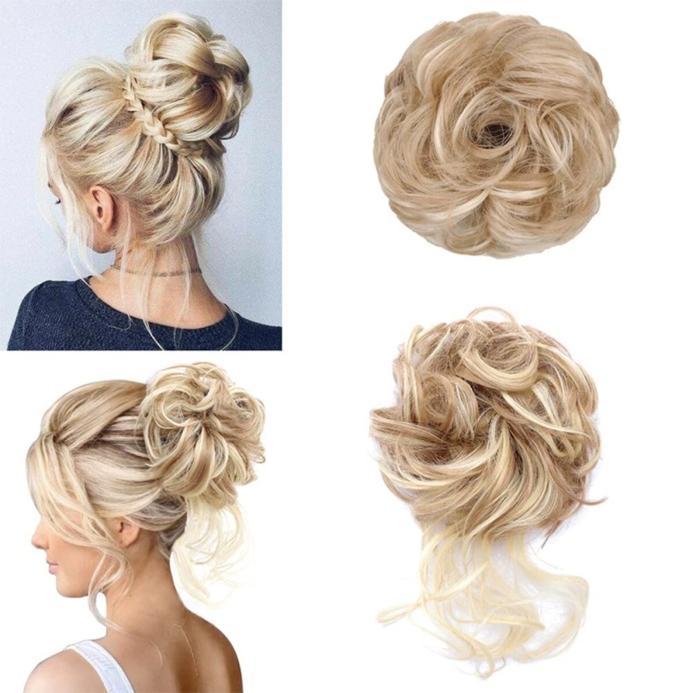 KETHBE Messy Bun Hair Piece Tousled Updo Hair Buns Extension Elastic Hair Band Hair Pieces Curly Hair Bun Scrunchie For Women (JX&WZ-Light Golden Blonde Mix Bleach Blonde)