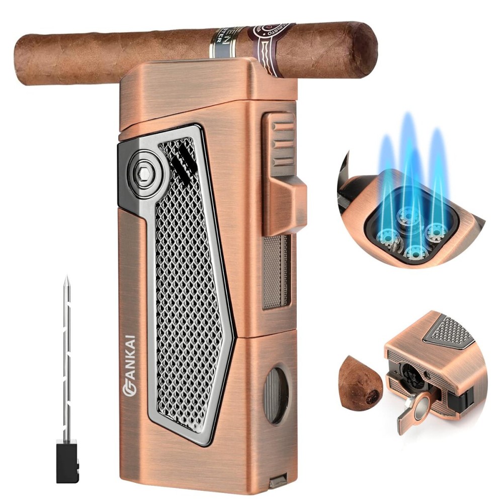 FANKAI 4 Torch Jet Flame Lighter - Cigar Punch, Holder, Draw Enhancer, Refillable, Windproof Lighters for Smoking Cigar Gifts