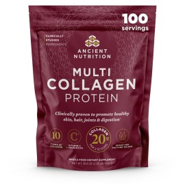 Ancient Nutrition Collagen Peptides Powder, Multi Collagen Protein, Women & Men, Vitamin C, Probiotics, Hydrolyzed Collagen, Supports Skin, Joints, Gut Health, Unflavored, 100 Servings
