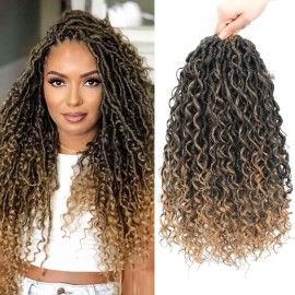 Col Bling 14 Inch 8 Packs Goddess Locs Crochet Hair Ombre Faux Locs Crochet Hair for Women Pre Looped Boho River Locs Hair with Curly Ends Synthetic (T27)