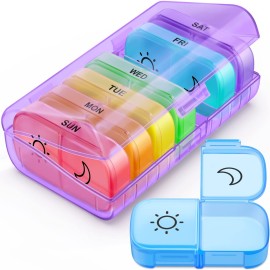 FEATY Weekly Pill Organizer 2 Times a Day with Same-Side Large Opening for Easy Filling & Retrieving, Color Tracking 7 Day AM PM Pill Box with Large BPA Free Pill Case for Vitamins, Fish Oils (Purple)