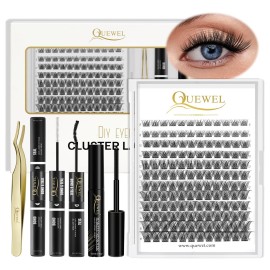 QUEWEL DIY Lash Extensions Kit Lash Clusters 144 Pcs, Cluster Lashes Golden Lashes Tweezers, Eyelash Clusters Bond and Seal Waterproof, Cluster Lash Glue Remover for DIY Lash Extensions (QU-RR-DH-02)