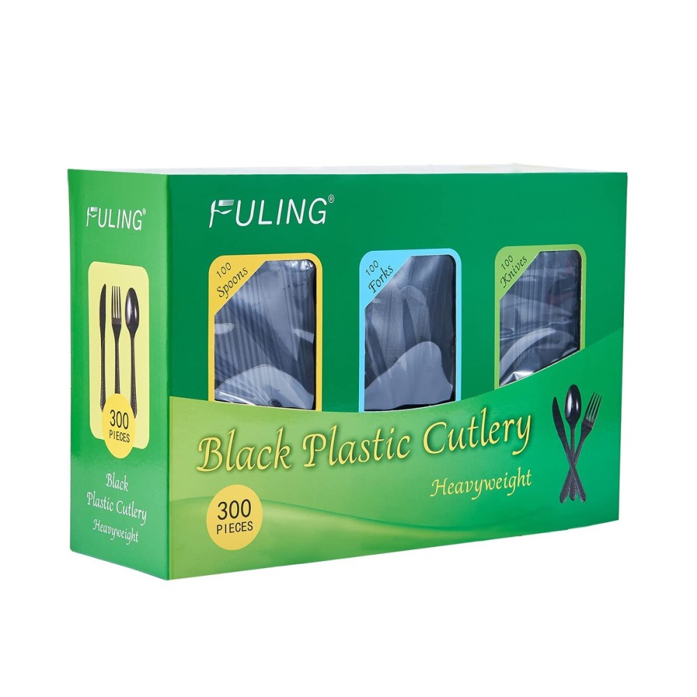 FULING [300 Combo Box] Black Plastic Forks Spoons Knives Heavyweight Utensils Disposable Silverware Heavy Duty Cutlery Set