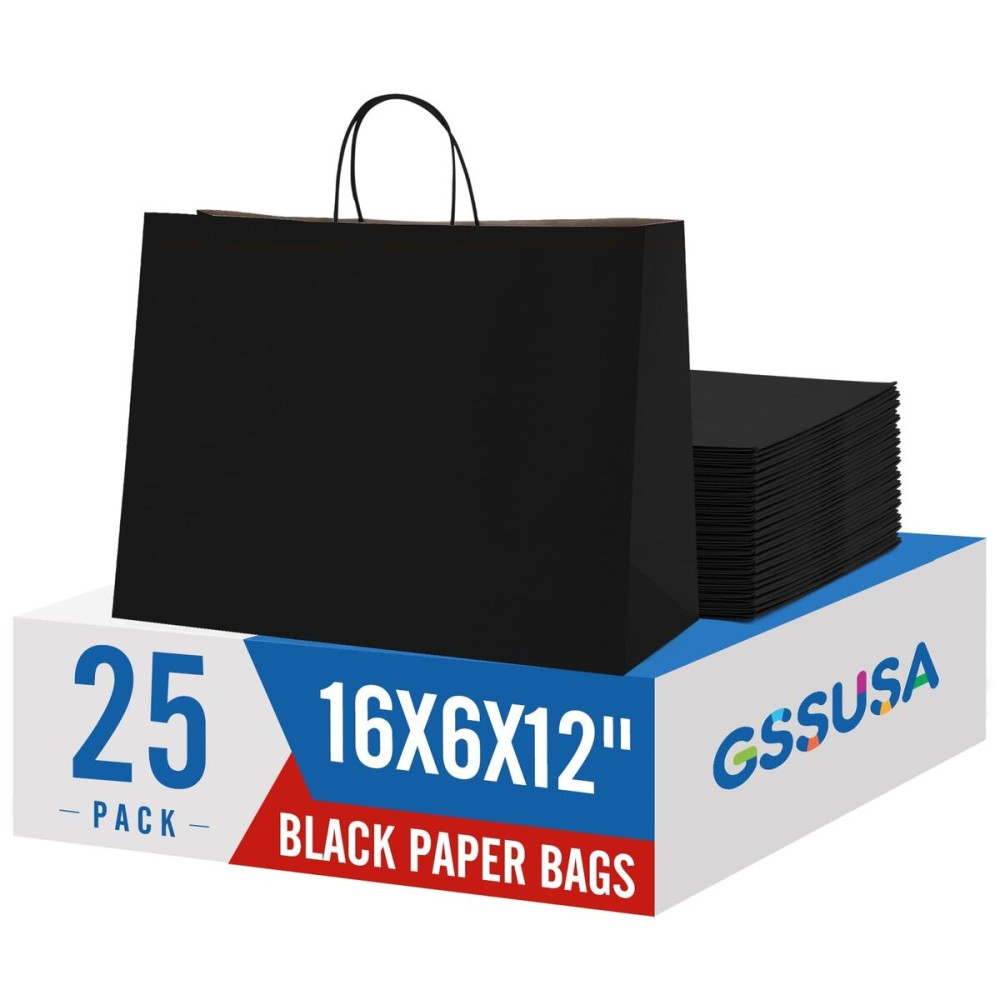 GSSUSA Large Paper Bags with Handles16x6x12 25 Pack, Gift Bag for Small Business, Paper Shopping Bag, Grocery, Food Service Take Out, Large Kraft Paper Bags, Bulk, Black