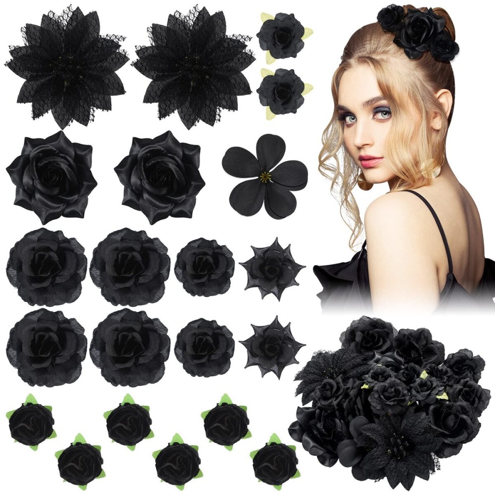 BBTO 21 Pcs Flower Hair Clip Rose Hair Clips Barrettes for Women Flower Accessories Boho Bride Claw Clip Hairpin Brooch Pin Headpiece for Wedding(Black)