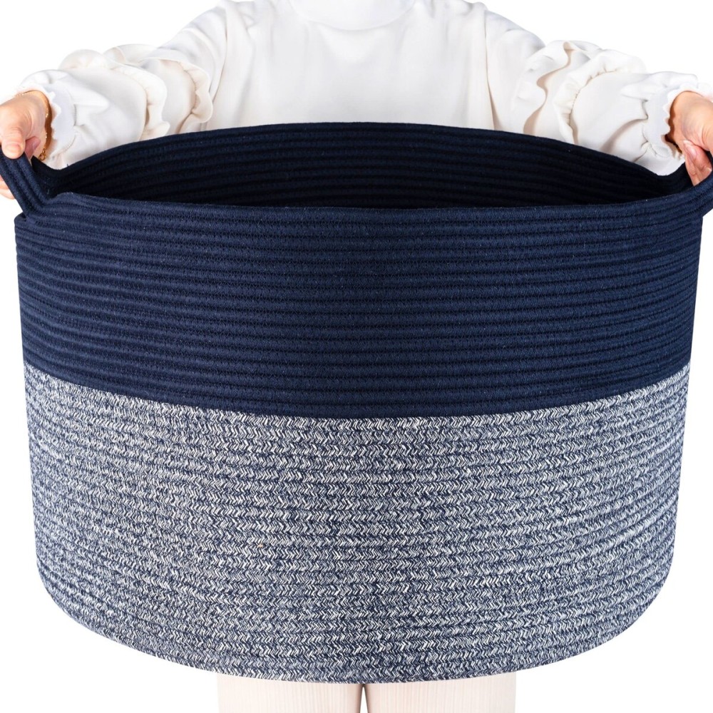 MINTWOOD Design Extra Large 22 x 14 Inches Decorative Woven Cotton Rope Blanket Storage Basket Bin Living Room with Handles and Laundry Hamper for Pillows, Pool Towels, Dog Toys, Shoes, Navy Blue