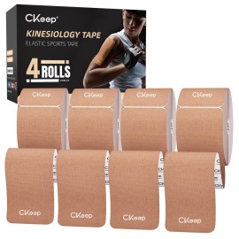 CKeep 4 Rolls Kinesiology Tape, Original Cotton Elastic Athletic Tape, 20 Precut 10 Strips Each, Beige, Ideal for Muscle Support & Injury Prevention