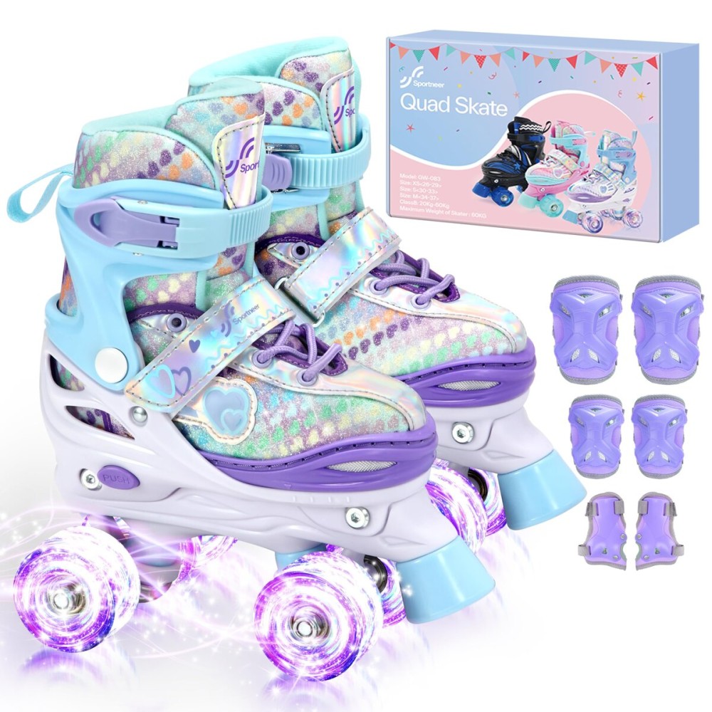 Sportneer Adjustable Kids Roller Skates with Light Up Wheels, 4 Sizes Fit for Girls Boys Ages 5-12, Fun Outdoor Indoor Quad Skates for Beginners, Safe Gift Set with Protective Gear Included