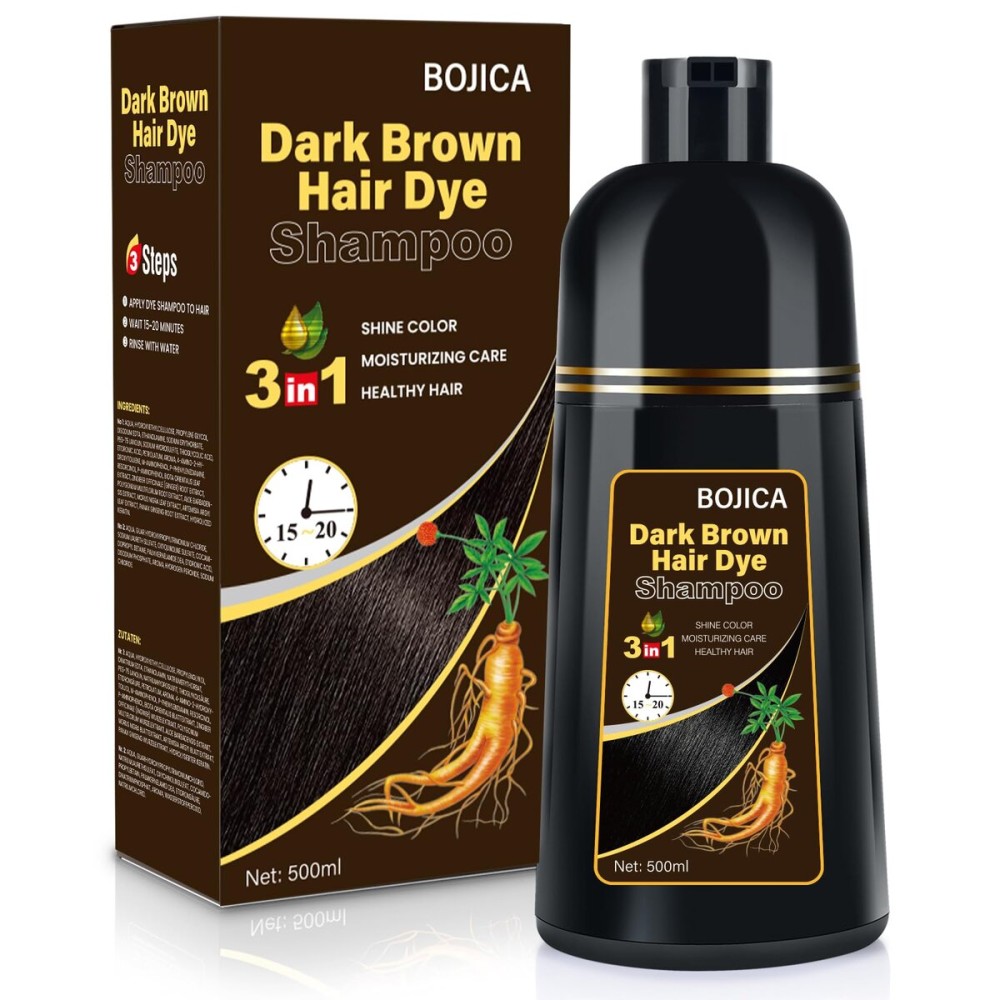 BOJICA Hair Dye Shampoo for Gray Hair Coverage, 3-in-1 Semi-Permanent Color Shampoo for Women & Men Dark Brown