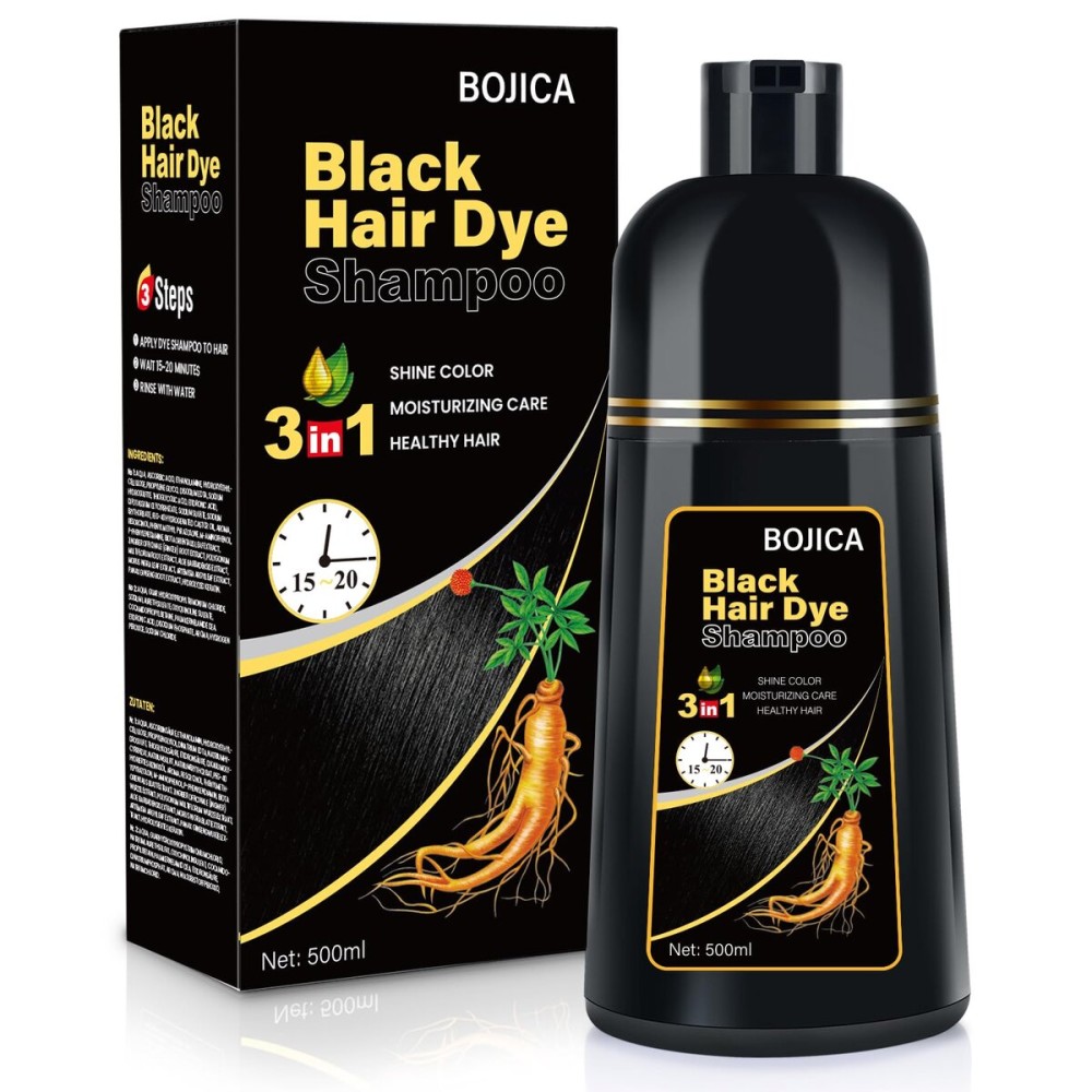 BOJICA Black Hair Dye 3 in 1 Shampoo for Gray Hair, Herbal Ingredients for Women&Men, Dye in Minutes/Semi-Permanent/(17.6 FL OZ)