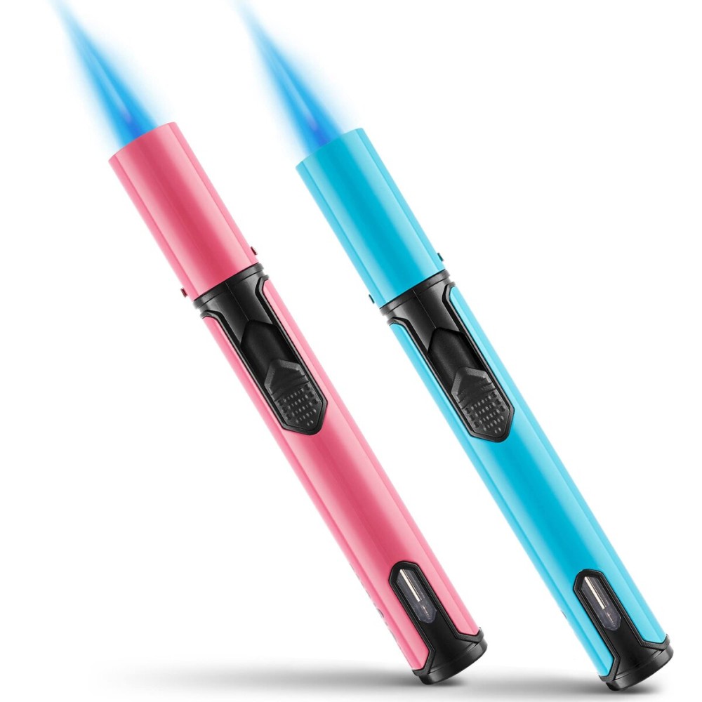 Urgrette Spring Colors 2 Pack Butane Torch Lighter, 6-inch Jet Flame Butane Lighters Refillable Pen Lighter for Grill BBQ Camping (Gas Not Included) Aqua Blue & Peach Pink