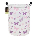 HUNRUNG Laundry Hamper,Large Canvas Fabric Lightweight Storage Basket Toy Organizer Dirty Clothes Collapsible Waterproof for College DormsRound-Butterfly