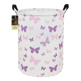 HUNRUNG Laundry Hamper,Large Canvas Fabric Lightweight Storage Basket Toy Organizer Dirty Clothes Collapsible Waterproof for College DormsRound-Butterfly