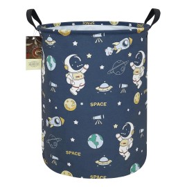 HUNRUNG Laundry Hamper,Large Canvas Fabric Lightweight Storage Basket Toy Organizer Dirty Clothes Collapsible Waterproof for College DormsRound-Blue Space Astronaut