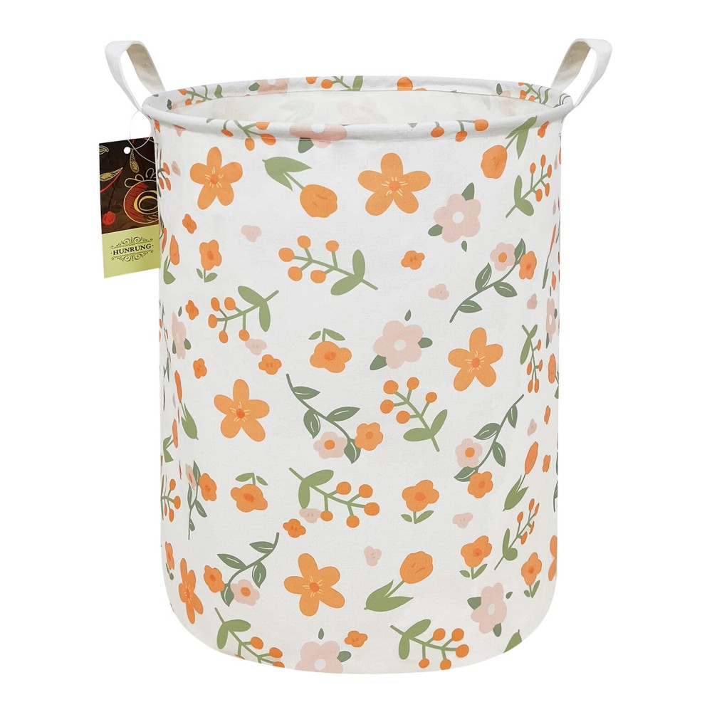 HUNRUNG Laundry Hamper,Large Canvas Fabric Lightweight Storage Basket Toy Organizer Dirty Clothes Collapsible Waterproof for College DormsRound-Orange Flower