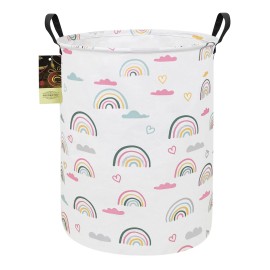 HUNRUNG Laundry Hamper,Large Canvas Fabric Lightweight Storage Basket Toy Organizer Dirty Clothes Collapsible Waterproof for College DormsRound-Rainbow