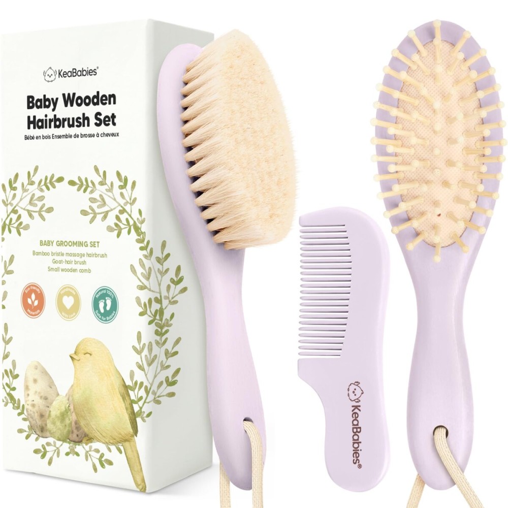 Baby Hair Brush and Comb Set for Newborn - Wooden Baby Hair Brush Set with Soft Goat Bristle, Baby Brush Set for Newborns, Baby Brush and Comb Set Girl, Boy, Toddler Cradle Cap Brush (Oval, Thistle)