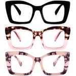 REAVEE 3 Pack Oversized Square Reading Glasses Oprah Style for Women, Blue Light Blocking Large Frame Computer Designer Fashion Readers with Spring Hinge (Black/Pink Tortoise/Tortoise Pink,2.75)