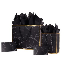 ysmile Marble Black Gift Bag with Tissue Paper for Men Paper Bag Birthday Favor Bag 2 Pack (Medium and Large)