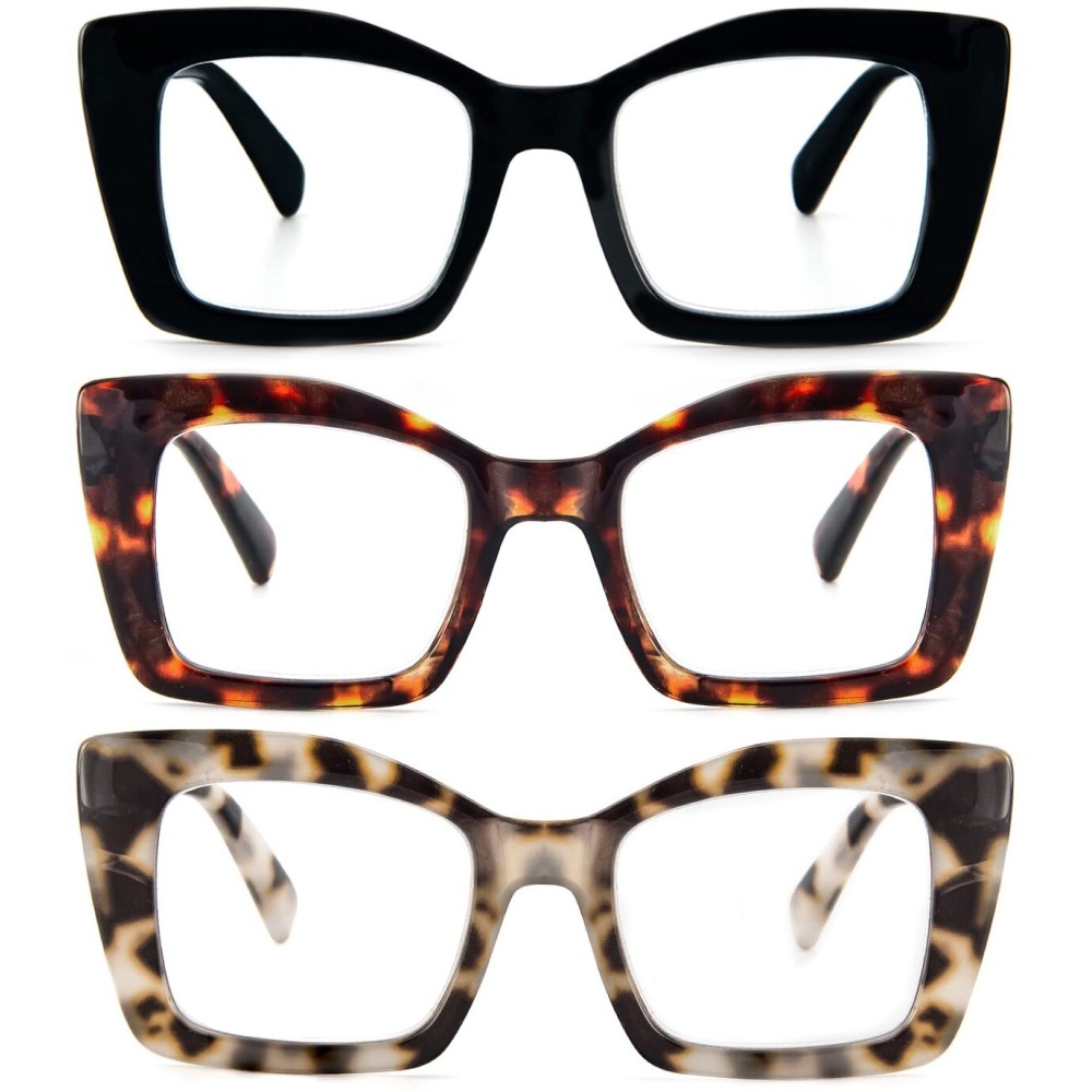 REAVEE 3 Pack Oversized Square Reading Glasses Oprah Style for Women, Blue Light Blocking Large Frame Computer Designer Fashion Readers with Spring Hinge (Black/Tortoise/Grey Tortoise,2.25)