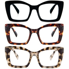 REAVEE 3 Pack Oversized Square Reading Glasses Oprah Style for Women, Blue Light Blocking Large Frame Computer Designer Fashion Readers with Spring Hinge (Black/Tortoise/Grey Tortoise,2.25)