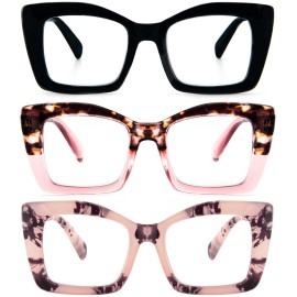 REAVEE 3 Pack Oversized Square Reading Glasses Oprah Style for Women, Blue Light Blocking Large Frame Computer Designer Fashion Readers with Spring Hinge (Black/Pink Tortoise/Tortoise Pink,2.5)