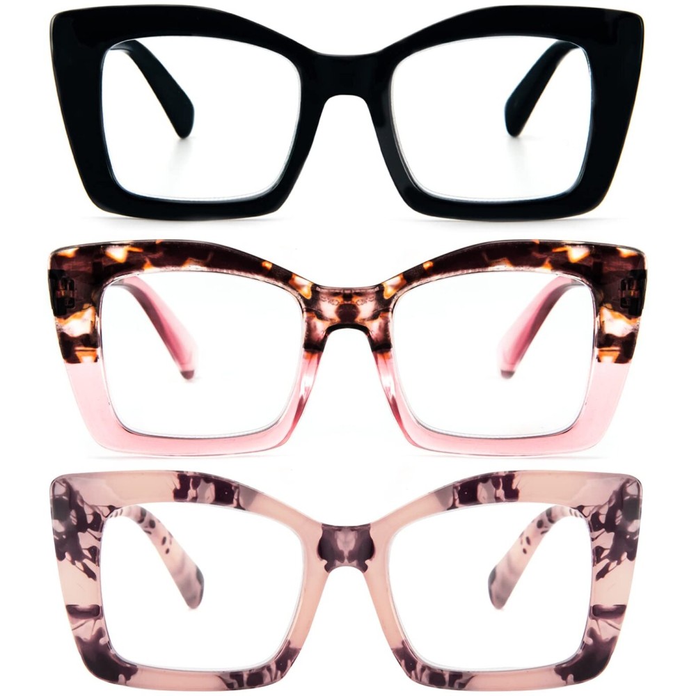 REAVEE 3 Pack Oversized Square Reading Glasses Oprah Style for Women, Blue Light Blocking Large Frame Computer Designer Fashion Readers with Spring Hinge (Black/Pink Tortoise/Tortoise Pink,1.75)