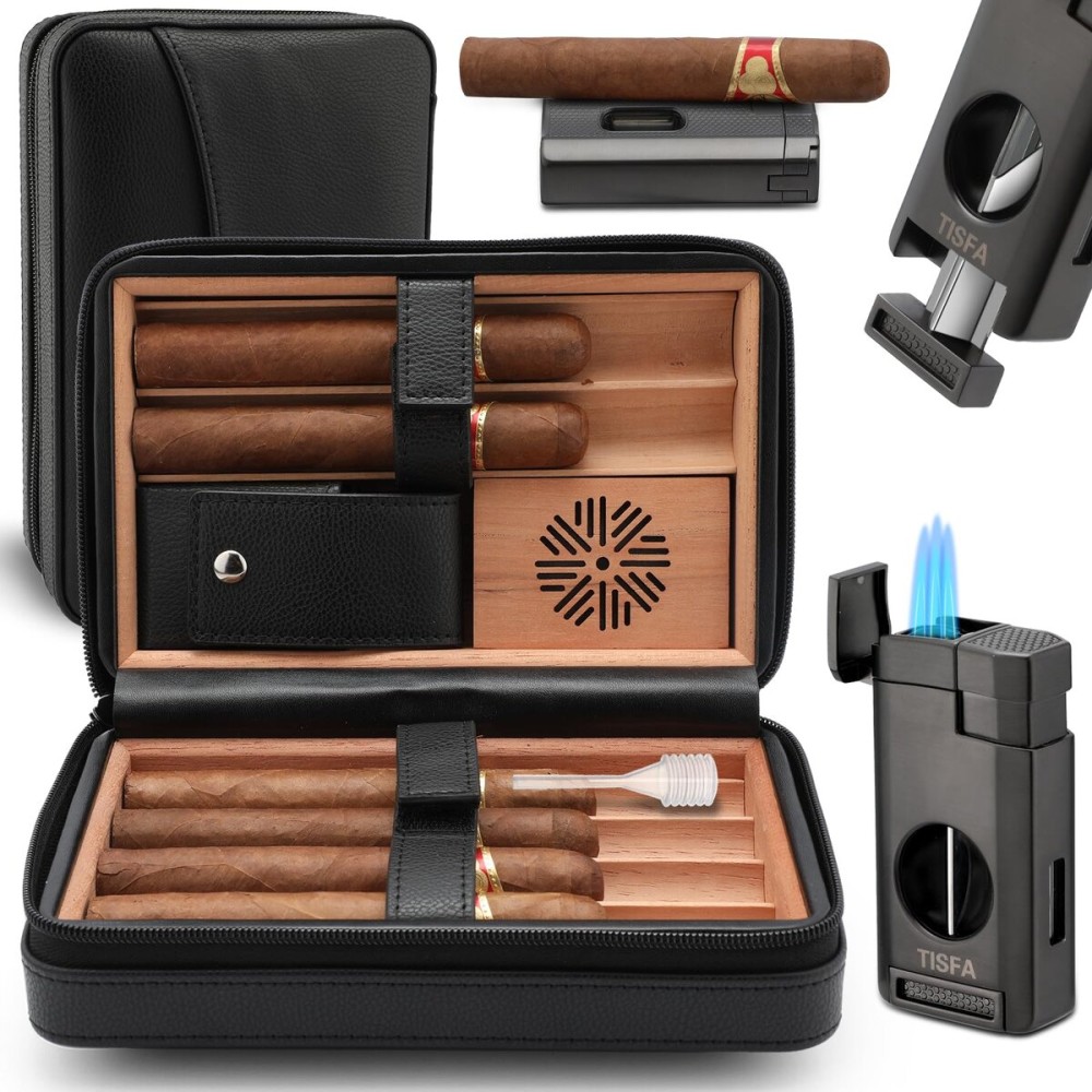 TISFA Cigar Humidor, Leather Cedar Wood Cigar Case with Cigar Lighter, V Cut Cigar Cutter, Cigar Holder 3 in 1, Portable Travel Cigar Humidor Box with Humidifier (Black)