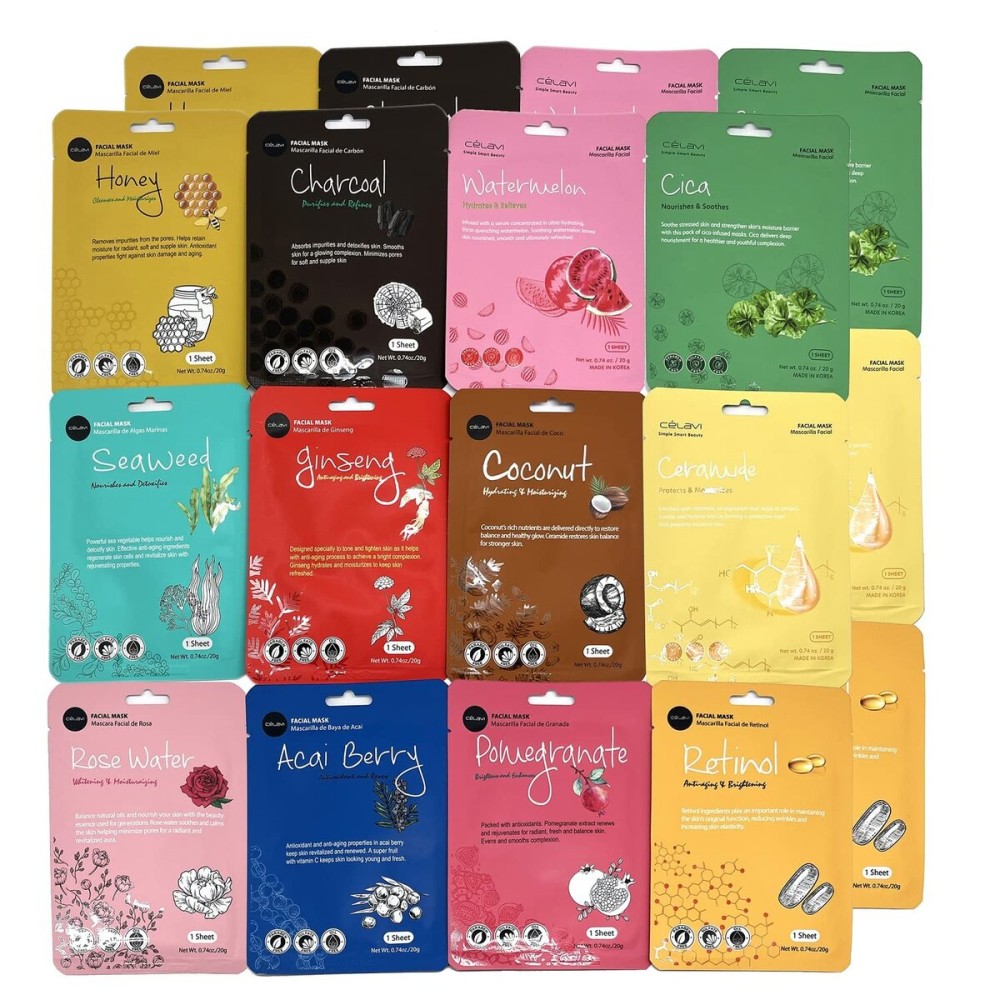 Celavi K-Beauty Skincare Essence Facial Face Mask Korea Skin Care Moisturizing B Set 24 Pack