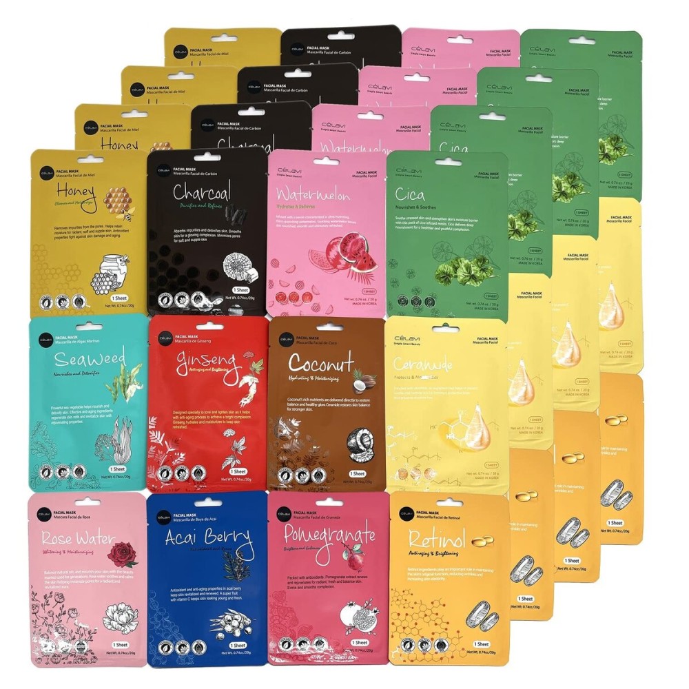 Celavi K-Beauty Skincare Essence Facial Face Mask Korea Skin Care Moisturizing B Set 48 Pack