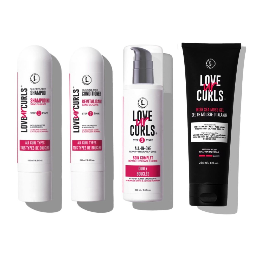 Love Ur Curls - Shampoo, Conditioner, Curly All In One Styler to repair, define and hydrate hair and Irish Sea Moss Gel for touchable hold