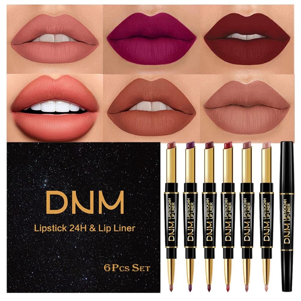evpct 6 Pcs Lip Liner and Lipstick Set Kit Chestnut Nude Dark Red Matte Matt Mat 24 Hour Lipstick Pen and Lip Kit with Lip Liner Pencil Long Lasting Set for Women labiales mate 24 horas originales
