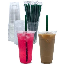 Aatriet [50 Sets] 24 oz Clear Plastic Cups with Lids and STRAWS, Disposable Party Cups for To Go Iced Coffee Cold Drinks, Smoothie, Juice, Parfait, Frappuccino, Milkshake. No Leaking Fruit Cup