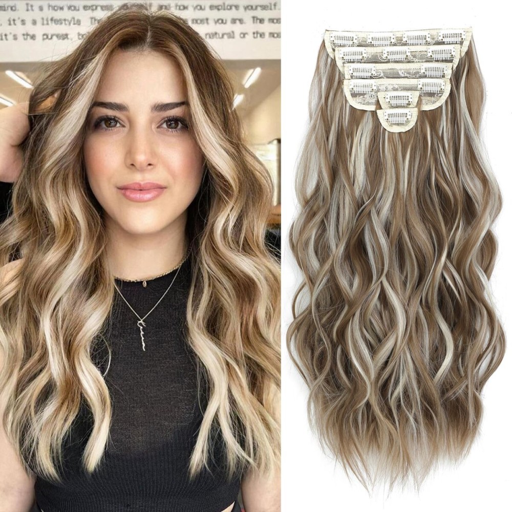 Fliace Clip in Hair Extensions for Women Brown with Blonde Highlights Long Wavy Hair Extensions Clip Ins 6PCS 20 Inch Synthetic Soft and Natural Thick Hair Pieces for Women