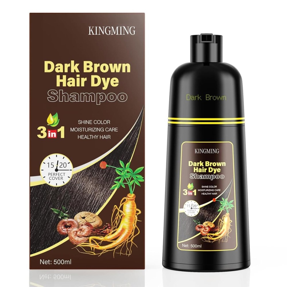 KINGMING Dark Brown 3 in 1 Hair Dye Shampoo for Gray Coverage, Herbal Ingredients for Men and Women, 500ml (Dark Brown)