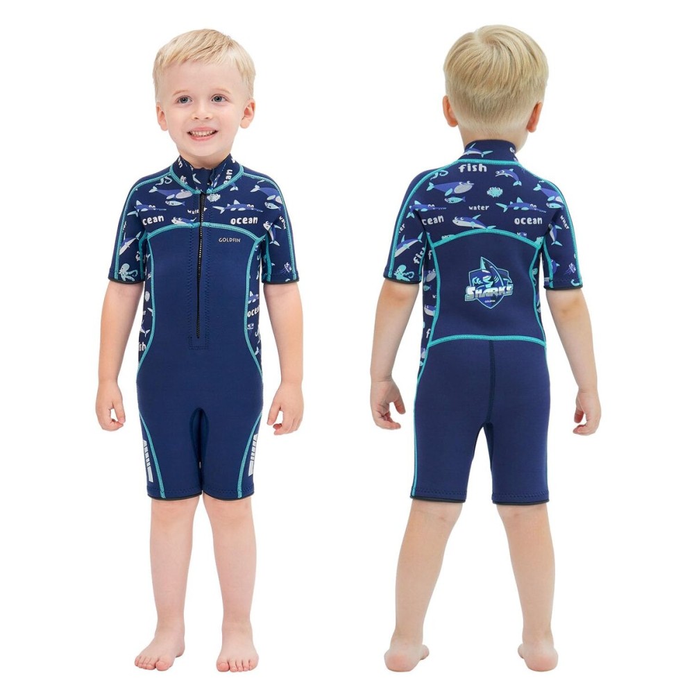 Goldfin Kids Wetsuit for Boys Girls, 3mm Shorty Wetsuits Neoprene Front Zip Wet Suits for Water Sports Surfing Swimming Snorkeling Diving Blue Size 2