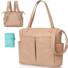 MOMINSIDE Diaper Bag Tote, Leather Diaper Bag Backpack with 14 Pockets, Convertible Baby Bag for Boys Girls, Baby Registry, Changing Pad, Large 4 Insulated Pockets (Camel)