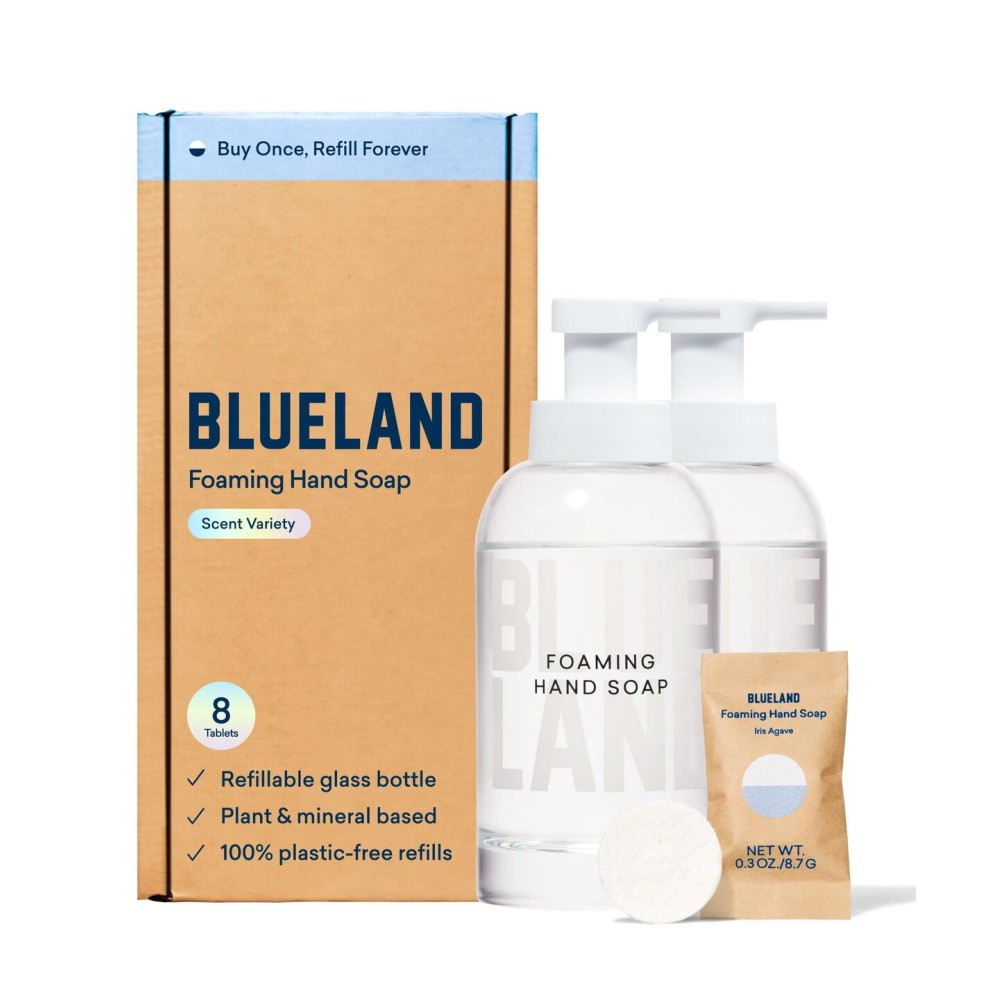 BLUELAND Hand Soap Duo, 2 Refillable Glass Foaming Hand Soap Dispensers with 8 Refill Tablets, Variety Scents, 8 x 9 Fl oz