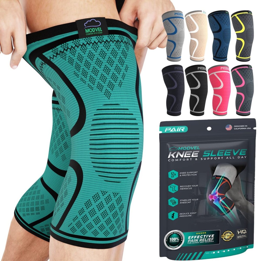 Modvel 2 Pack Knee Brace for Women & Men - Workout Knees Compression Sleeve for Knee Pain Relief Joint Support for ACL, Arthritis, Meniscus Tear Knees Brace for Sports, Rodilleras para Gym Fitness