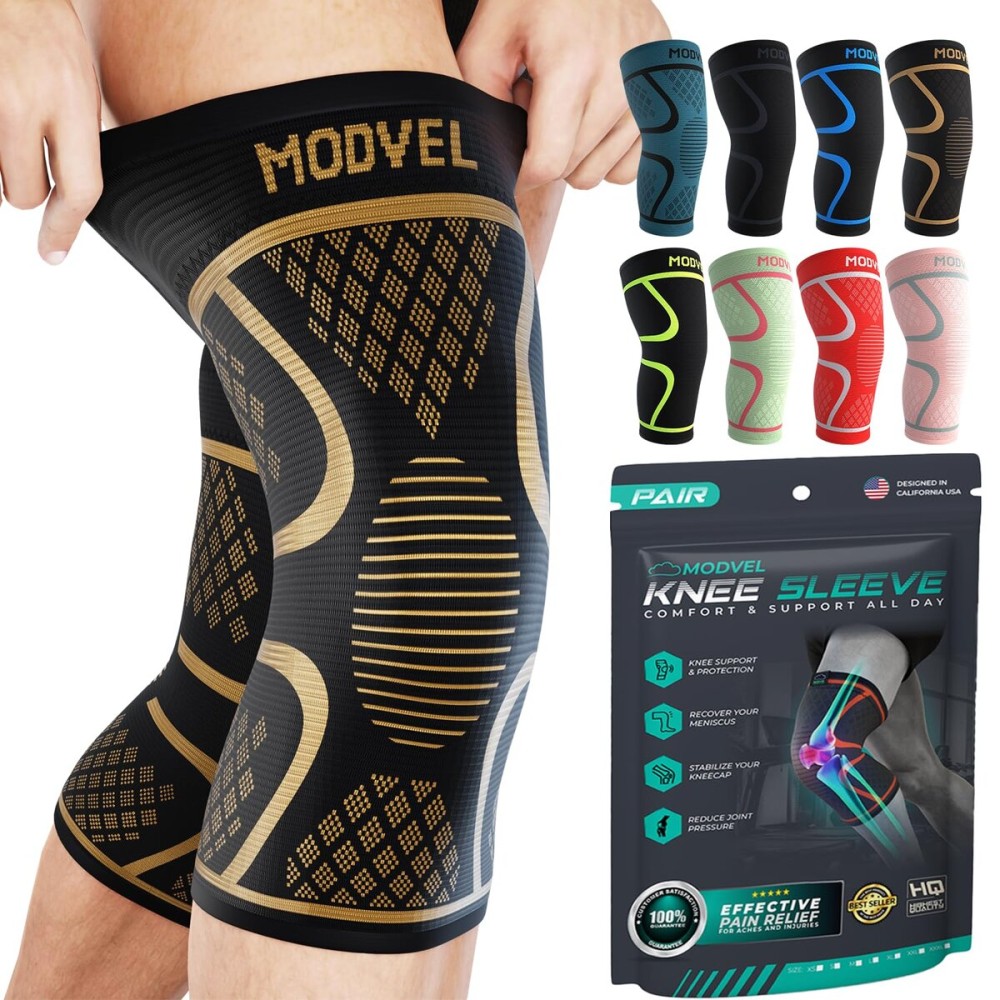 Modvel 2 Pack Knee Brace for Women & Men - Workout Knees Compression Sleeve for Knee Pain Relief Joint Support for ACL, Arthritis, Meniscus Tear Knees Brace for Sports, Rodilleras para Gym Fitness