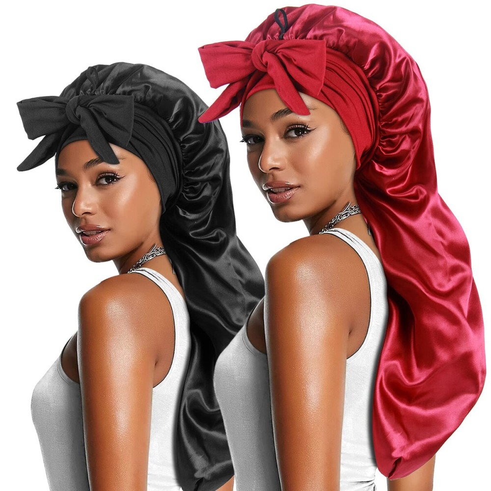 2pcs Long Satin Bonnets with Tie Band, Large Braid Bonnet Silky Hair Cap for Locs Women Sleeping, C